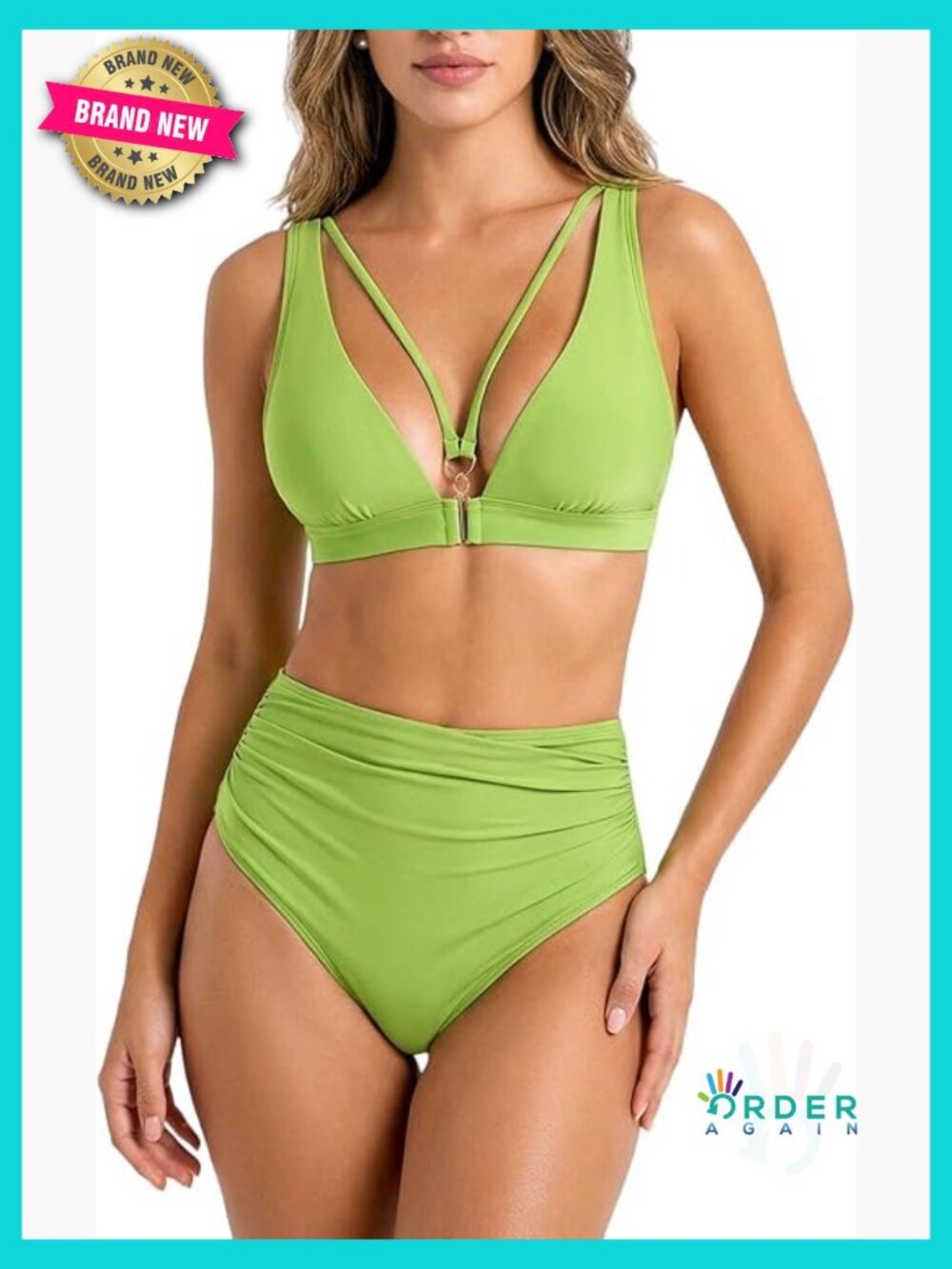 High Waisted Bikini Set V Neck Plunge Full Coverage Swimwear Adjustable Straps